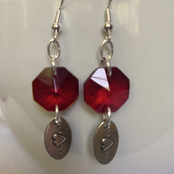 Silver and Red Crystal Heart Earrings - Picture 2 of 4
